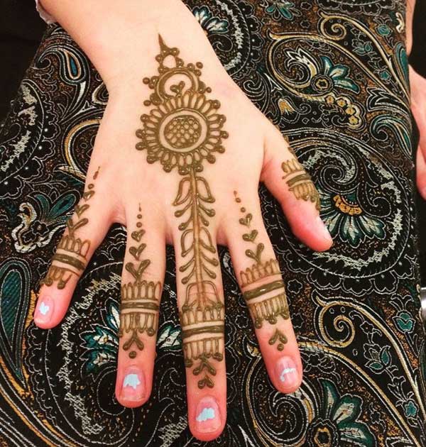 lovely traditional finger mehendi design of flowers leaves