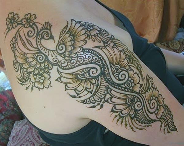 Floral and Peacock Mehndi Design on Shoulder