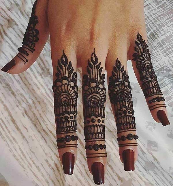 An ornamental mehendi design on fingers for Women