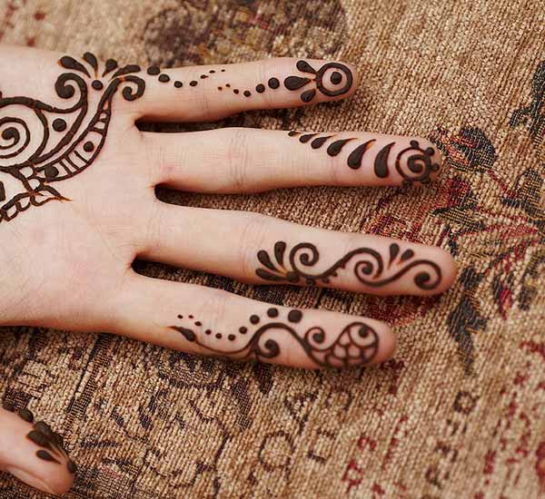 A spiral story on fingers using mehendi design for Ladies